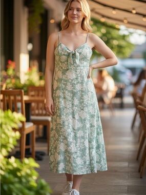 Etro Sage Green Floral Tie-Front Spaghetti Strap Midi Dress